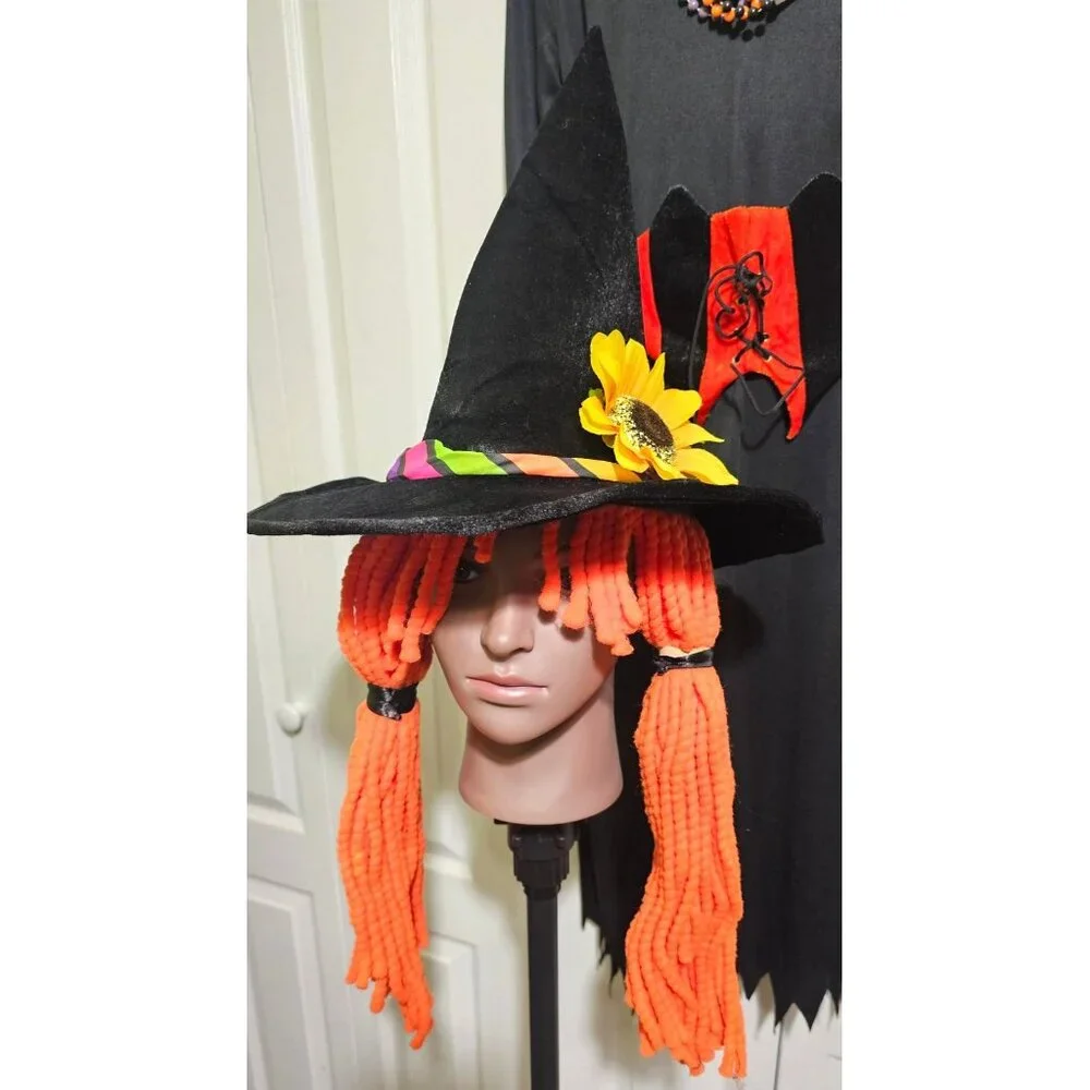 Witch Costume Girls 8-10 Dress Wig Hat Orange Belt Necklace Tattoo Halloween Set - Picture 5 of 6